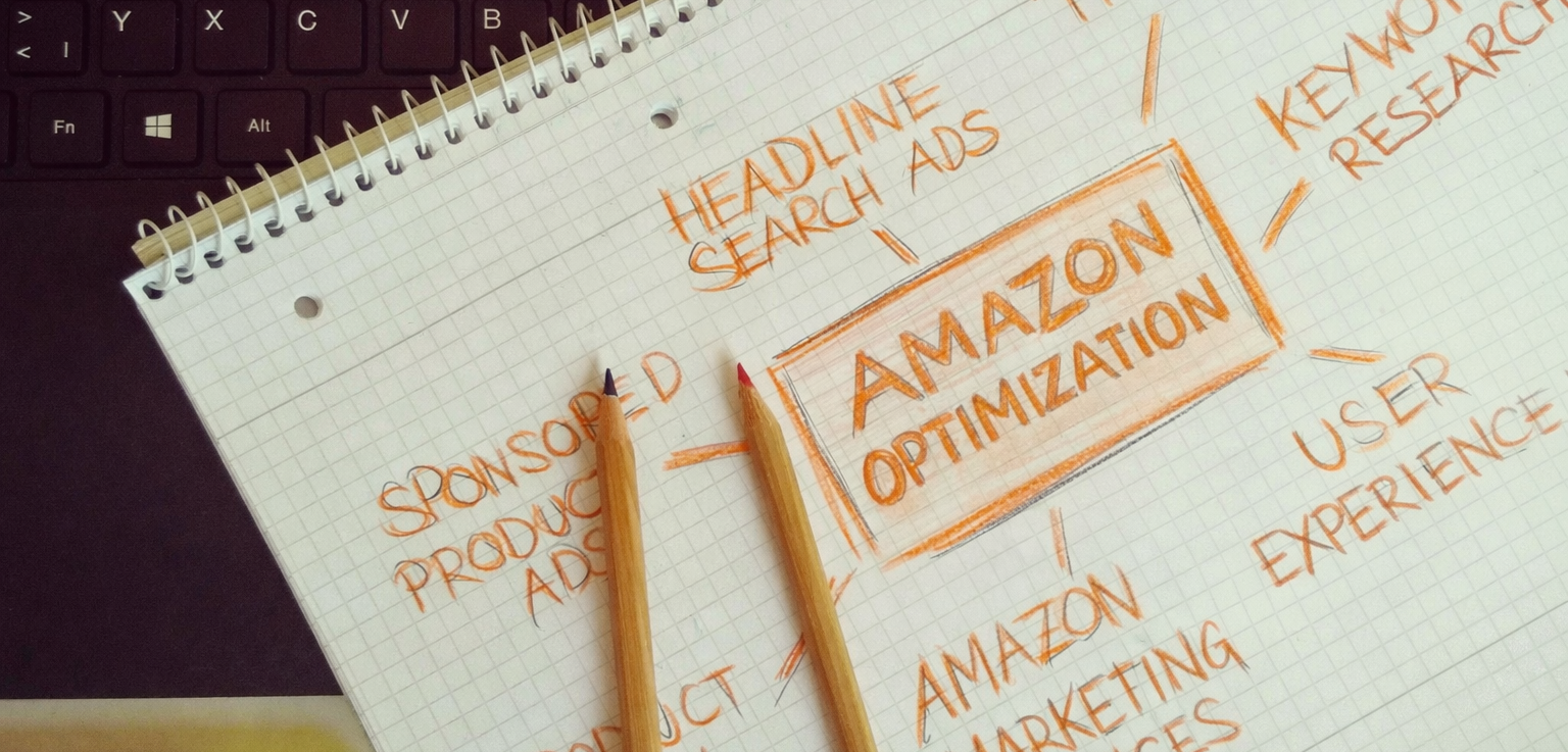Hand-drawn mind map about Amazon optimisation on a notebook.
